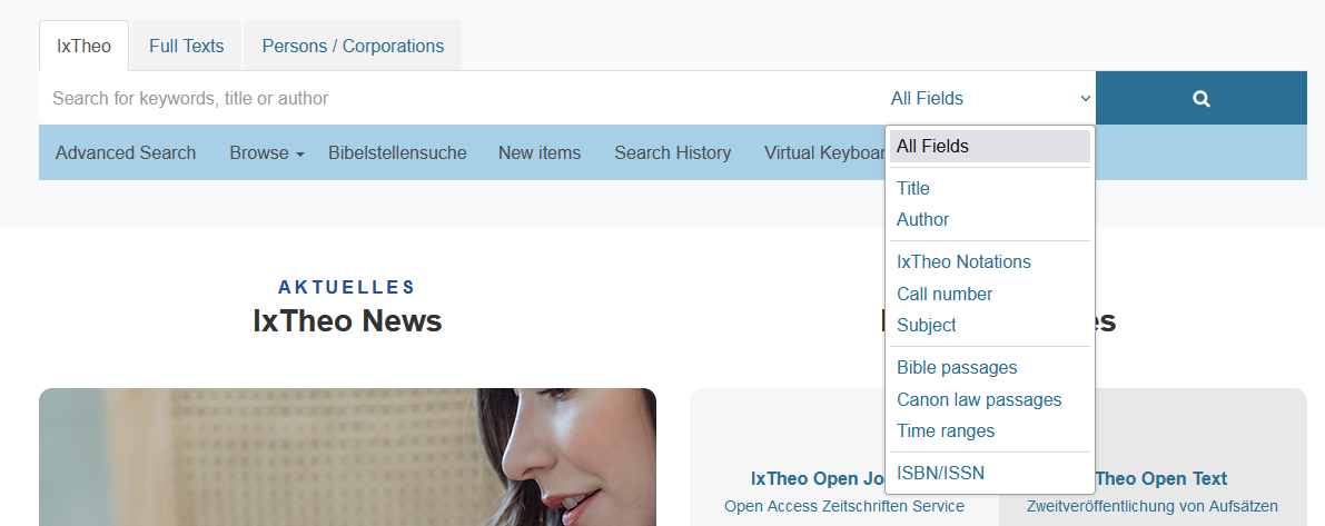 Screenshot: search bar of IxTheo with a dropdown list to choose the search category